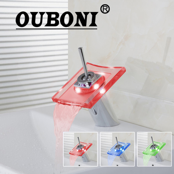 OUBONI LED Bathroom Faucet RGB Single Handle 1 Holes Waterfall Chrome Basin Faucet Chrome Bathroom Faucets,Mixers & Taps