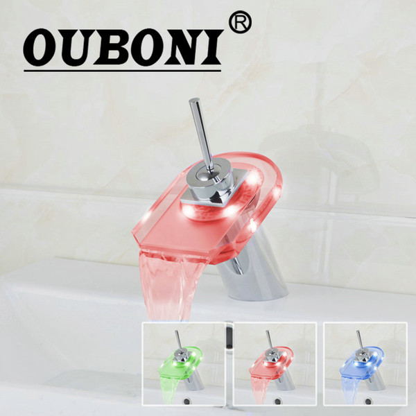 OUBONI Glass Square LED Bathroom Basin sink Faucet waterfall bathroom vanity Mixer Tap Chrome Bathroom Faucets,Mixers & Taps