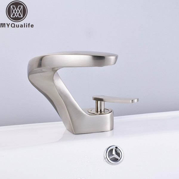 Free Shipping Bathroom Sink Mixer Faucet Single Lever Deck Mounted Brass Hot and Cold Basin Taps Brushed Nickel