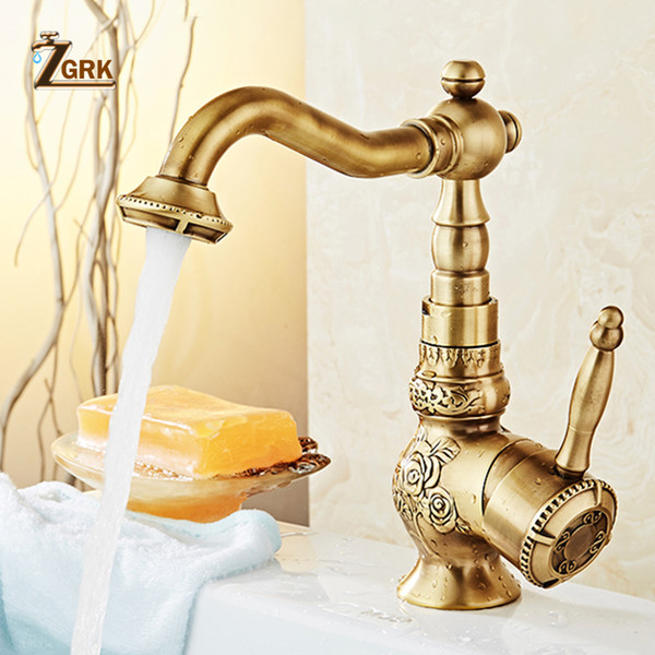 ZGRK Bathroom Faucet washbasin heightening Antique Brass retro Classic Kitchen Mixer Taps carving Swivel Singe Handle Mixer Tap