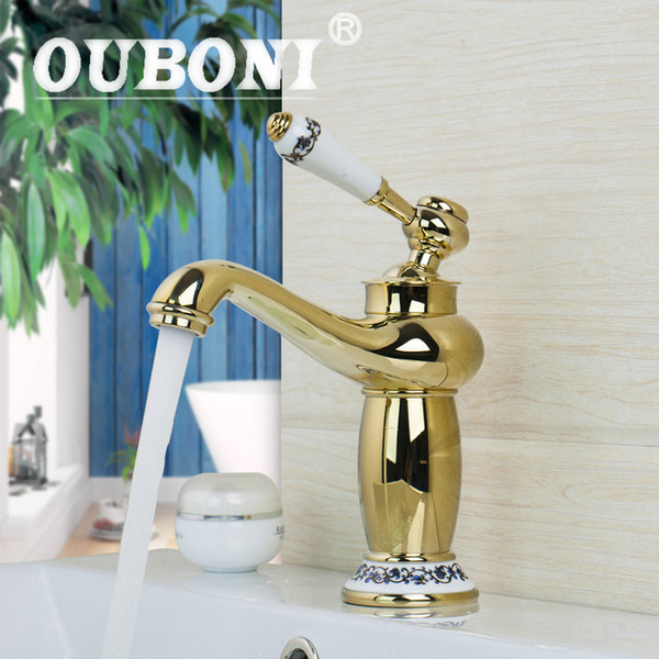 OUBONI Luxury Gold Polish Bathroom Faucet Vanity Vessel Sinks Mixer Tap Cold Hot Water Tap Faucets,Mixer Taps Ceramic Handle