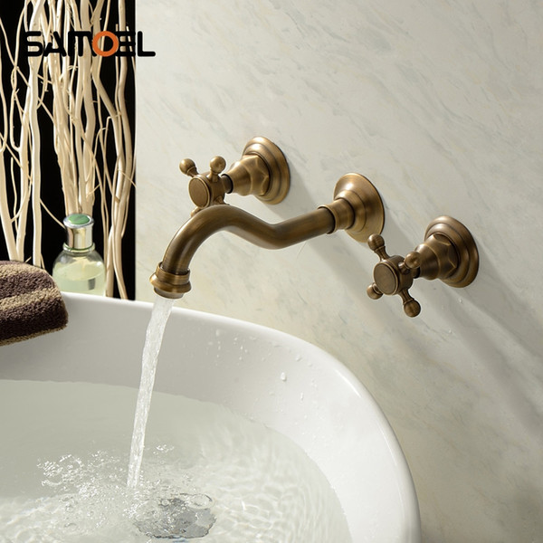 Wholesale and Retail Antique Brass Bathtub Mixer Taps 3 pcs Basin Dual Handles Hot and Cold Wall Mounted Basin Faucet BF1013