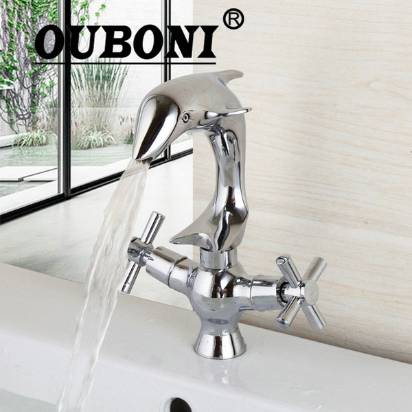 OUBONI Polished Chrome Torneira Two Handles Deck Mounted Delfin Bathroom Widespread Faucet Bathroom Basin sink Mixer Taps
