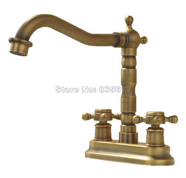 2 Hole Deck Mounted 360 Swivel Spout Bathroom Basin Faucet Antique Brass Dual Cross Handles Kitchen Sink Mixer Taps Wnf036