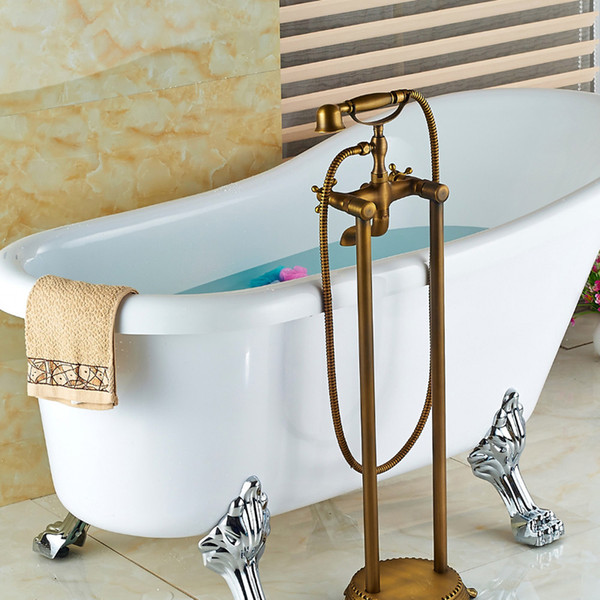 Antique Brass Bathroom Floor Mounted Tub Faucet Hand Shower Telephone Style Tub Filler Mixer Tap