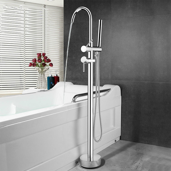 Floor Mounted Stand Bathroom Bathtub Faucet Brass High Quality Chromed Double Handle Bath Water Mixer With Hand shower Head