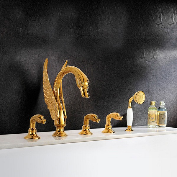 Luxury Bathtub Faucet Deck Mounted Brass Shower Set With Rainfall Hand Hold Shower Animal Swan Shape Gold Surface Faucets