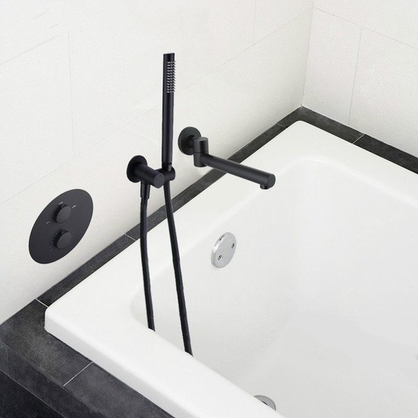 Thermostatic Brass Bathtub Tap with Hand Held Shower Head Black Dual Handle Concealed Swivel Bathroom Faucet