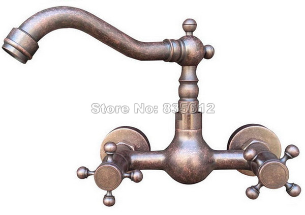 Antique Copper Swivel Spout Kitchen Bathroom Basin Sink Faucet / Dual Handles Vessel Sink Mixer Taps Wall Mounted Wnn019