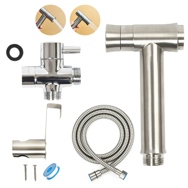 One Key Press Double Function Bathroom Toilet Bidet Faucet Kit Stainless Steel Brushed Bidet Sprayer Set Mount On Tank Or Wall