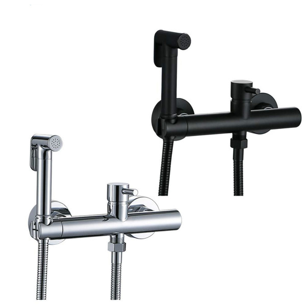 Matte Black & Chrome Bathroom Bidet Sprayer Kit. Solid Brass Hot and Cold Mixer Wall Mounted Bidet Faucet