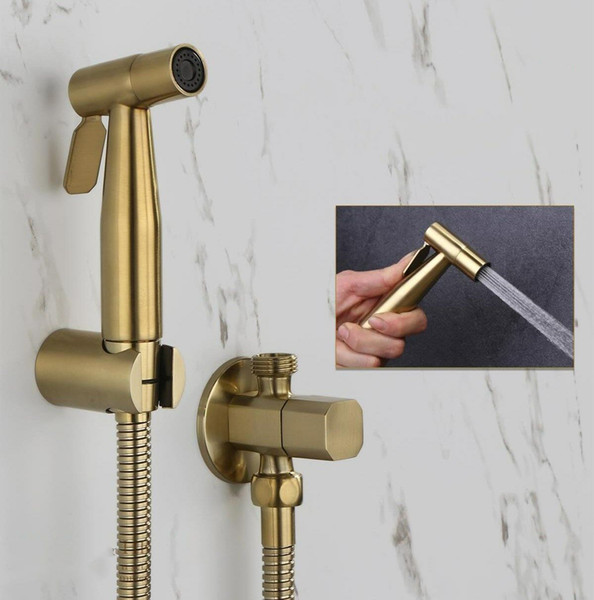 Stainless Steel Bathroom Toilet Bidet Sprayer w/Dual Angle Valve Shower Hose 1.5m Brushed Gold