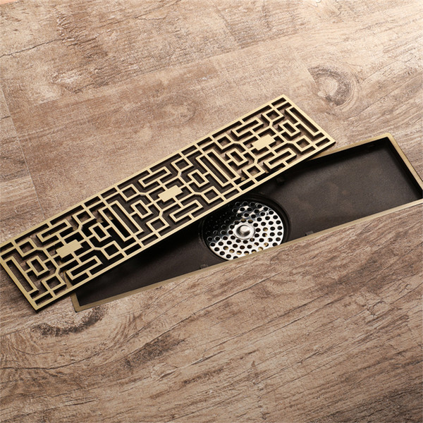 30cm Antique Brass Bathroom Linear Shower Floor Drain Wire Strainer Art Carved Cover Waste Drainer Classic Design Square Drains