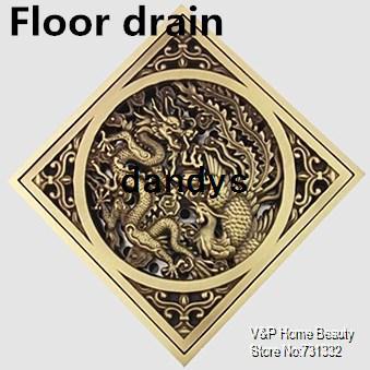 3 inch dragon & phoenix cover Luxury Antique copper Floor Drain Vintage Linear shower drain Filter bathroom accessories 9006-4, dandys