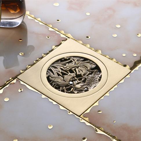 Luxurious Gold Plated Bathroom Floor Drain Flower Carving Shower Drain solid brass square floor drain FD-1003