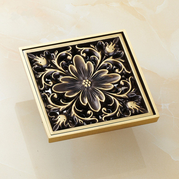 Art Carved Flower Bathroom Shower Floor Waste Drain Antique Brass Finish ,10*10 cm