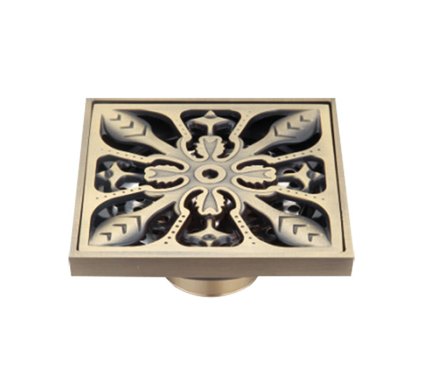 Luxury Antique Brass Flower Floor Drains Bathroom Shower Floor Drain Strainer 3MM -Thick Panel 10*10 cm