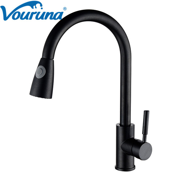 VOURUNA Black PullOut Sprayer Kitchen Faucet Gooseneck Kitchen Sink Mixer Tap