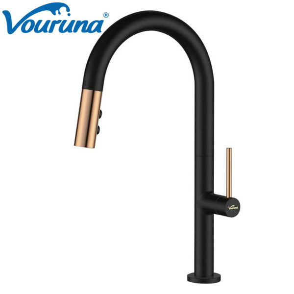 VOURUNA Golden&Black Pull Out Kitchen Faucet Gooseneck Sink Mixer Tap