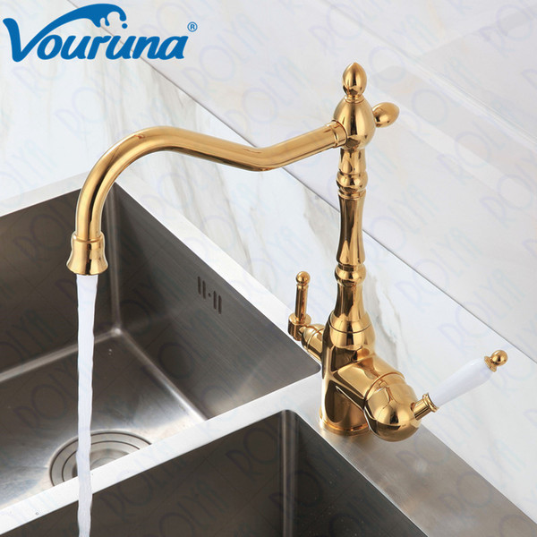 VOURUNA Ti-Golden&Bronze Tri Flow Kitchen Faucet Traditonal 3 Way Water filter tap