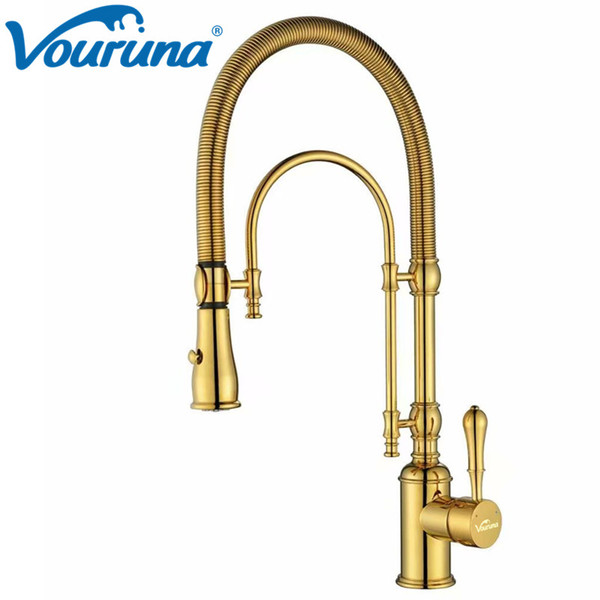 VOURUNA Luxurious Premium Commercial Pre-Rinse Golden Pull Down Spring Kitchen Faucet Gooseneck Pull out Sink Mixer Tap