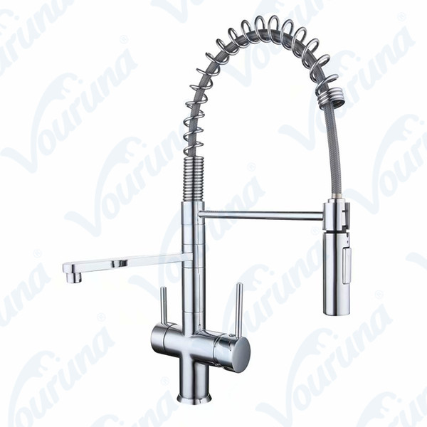 VOURUNA Cemmercial Chrome Tri-Flow Kitchen Faucet Spring Hose Pull Down 3 Way Kitchen tap