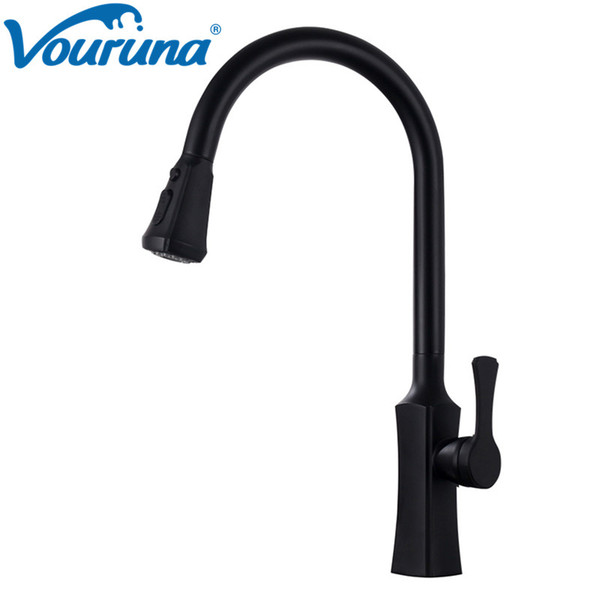 VOURUNA Black Pull Out Kitchen Sink Faucet Gooseneck Kitchen Mixer Tap