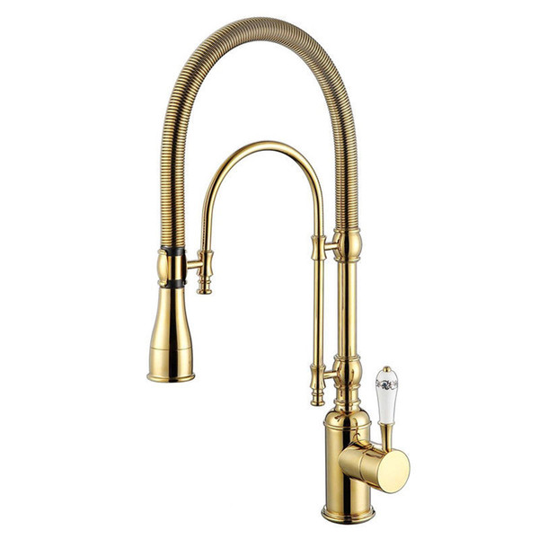 ROLYA New Arrival Rolya Premium Luxurious Golden Plate Gooseneck Pull Down Kitchen Faucet Spring Sink Mixer Tap