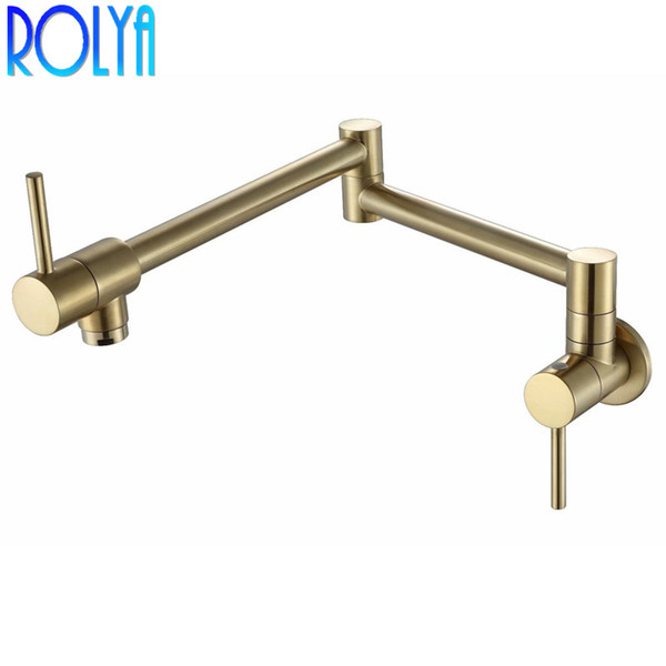 Rolya Brushed Golden Solid Brass Single Handle Extended Pot Filler Faucet Swing Spout Wall Mount Single Cold Kitchen Tap