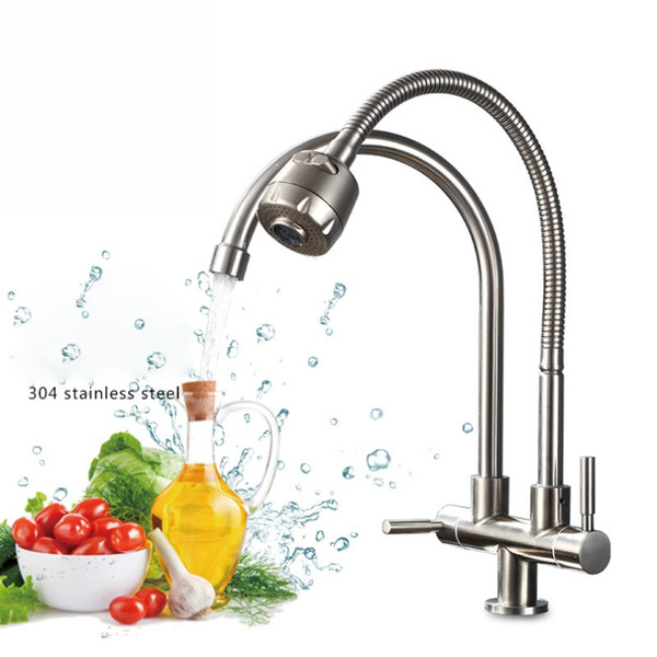 304 Stainless Steel Kitchen Faucet Single Cold Water Tap Universal Tube Double tube Faucets 360 Rotation 2 Water Outlet Taps