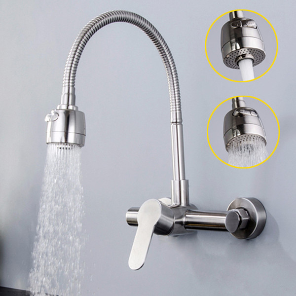 304 SUS Kitchen Faucets Brushed Wall Mounted Water Tap Mixer Hot Cold Water Bathroom Rotate Faucet Single Handle Kitchen Taps