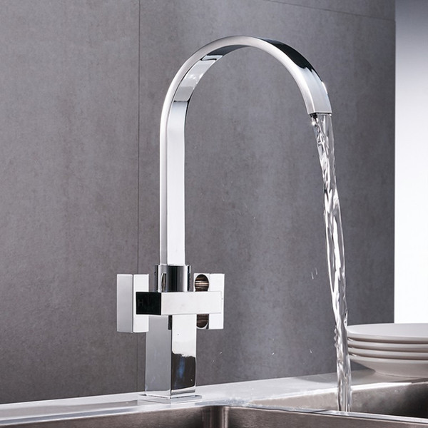 Kitchen Faucet Cold and Hot Water Mixer Tap Double Handle Faucets Single Hole Brass Kitchen Taps Chrome Finish