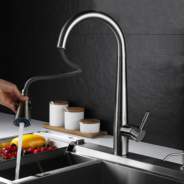 Brushed Kitchen Faucet Pull Out Spray Deck Mounted Sink Mixer Taps Single Handle Faucet SUS304 2 Functions Water Outlet Tap