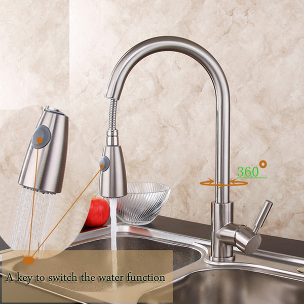 2 Functions Kitchen Faucets Single Handle Pull Out Kitchen Tap Single Hole Handle 360 Rotate Sink Mixer Taps Brushed Finish