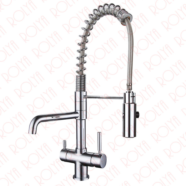 Rolya New Commercial Tri Flow Kitchen Faucet with Spring Hose Sink Mixer Professional 3 Way Water Filter Tap