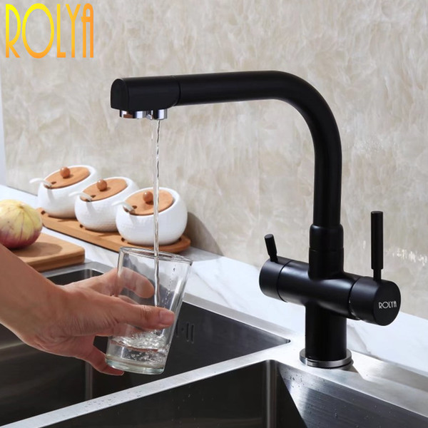 Rolya Premium Solid Brass Matte Black Kitchen Faucet Tri-Flow Swivel Sink Mixer 3 way Water Filter Tap