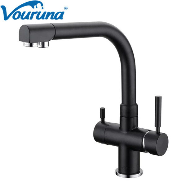 VOURUNA Matte Black Osmosis Reverse 3 Way Water Filter Tap Painted Tri Flow Clean Pure Water Kitchen Faucet Sink Mixer Chrome