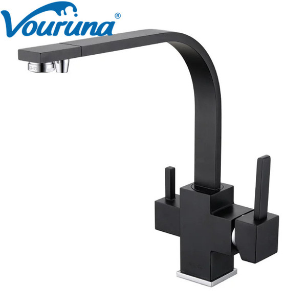 VOURUNA Square Style Matte Black Kitchen Faucet Longreach Chrome Sink Mixer 3 Way water filter Tap