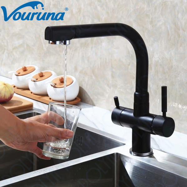 VOURUNA Round Blacken Purified Water Kitchen Tap 3 Way Filtered Kitchen Faucet Chrome/Sandbeige