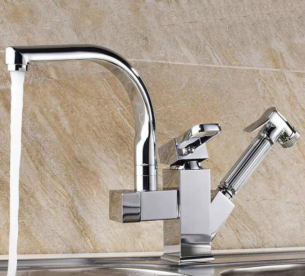 Chrome Finish Kitchen Faucet Factory Direct Sale Deck Mounted with Pull Out Sprayer Ceramic Plate Spool