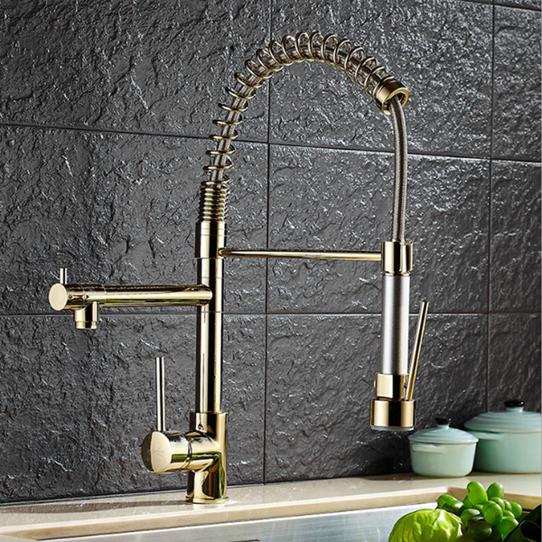 Plating Titanium Gold Pull Out Kitchen Faucet Mixer Multifunctional Water Tap 2 Water Outlet All Around Rotate Swivel L0156