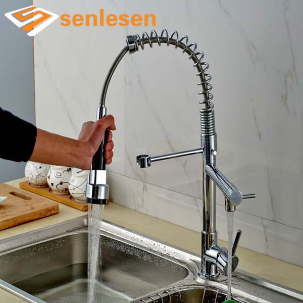 Promotion Spring Kitchen Faucet Dual Spout Swivel Sprayer Single Handle Hole Mixer Tap Chrome Finish