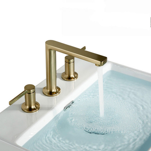 Bathroom Brass Brushed Gold Three Hole Double Handle basin Sink Faucet