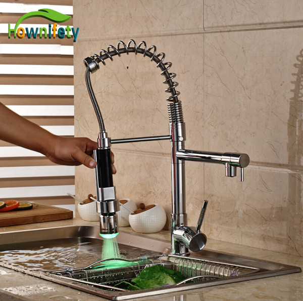 Single Lever Chrome Polished Kitchen Sink Faucet One Hole Mixer Tap LED Colors Pull Down Spray