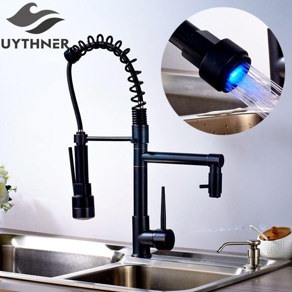 Uythner Modern Solid Brass Oil Rubbed Bronze Kitchen Faucet Mixer Tap with LED Single Sharp Handle Single Hole