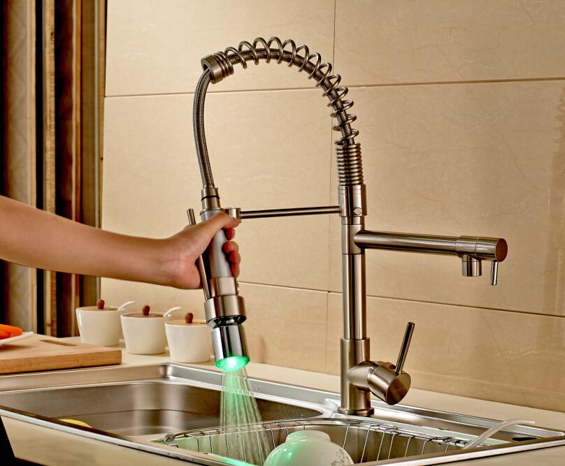 Wholesale And Retail Hot Sale Nickel Brushed Spring Kitchen Faucet Single Handle Mixer Tap LED Color Changing