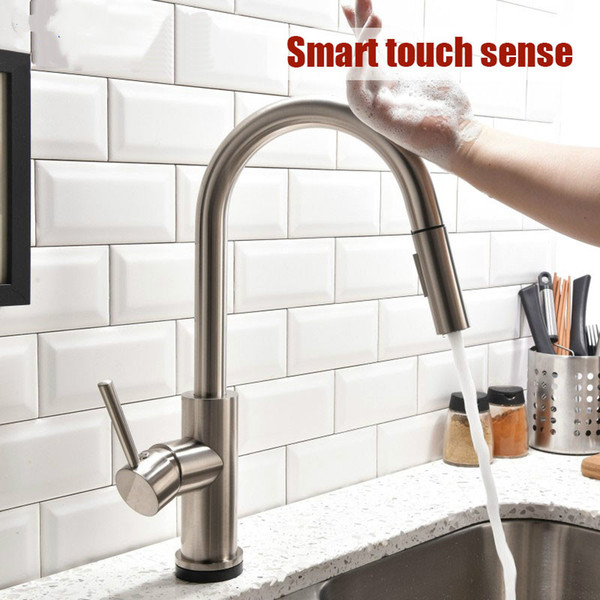 Smart touchless sense kitchen faucet pull out double water setting stainless steel sink hot and cold water mixer deck mounted tap