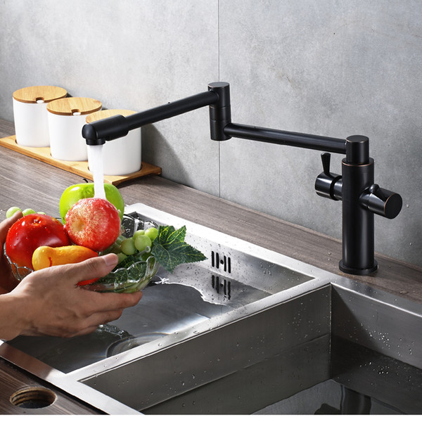Wholesale And Retail Oil Rubbed Bronze Solid Brass Long Spout Kitchen Sink Faucet Double Handles 360 Degree Rotating Mixer Tap