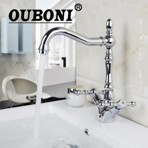 OUBONI Double Handle Chrome Brass Swivel Kitchen Faucet 360 degree rotating Kitchen Tap Deck Mount Single Hole Faucet Mixer Taps