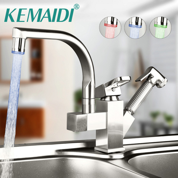 KEMAIDI LED 3 Color Nickle Brushed Solid Brass Kitchen Sink Pull Out Faucet Swivel Spout Vessel Sink Mixer Tap